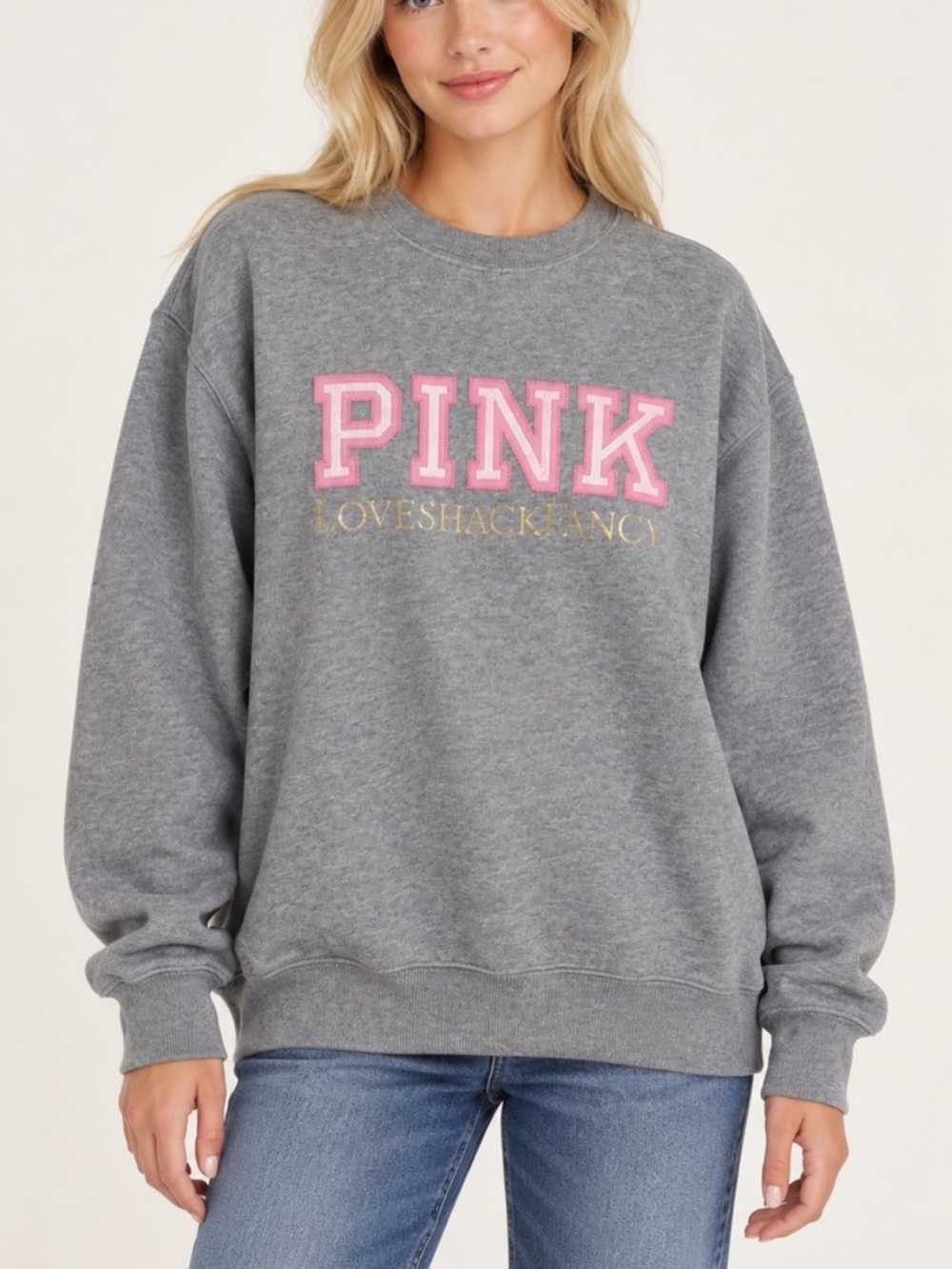 New! LoveShackFancy x PINK Gray Crewneck Sweatshirt Logo XS 34625